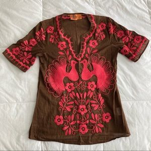 Tory Burch, brown, embroidered short sleeve shell / shirt, size 6, 100% Cotton